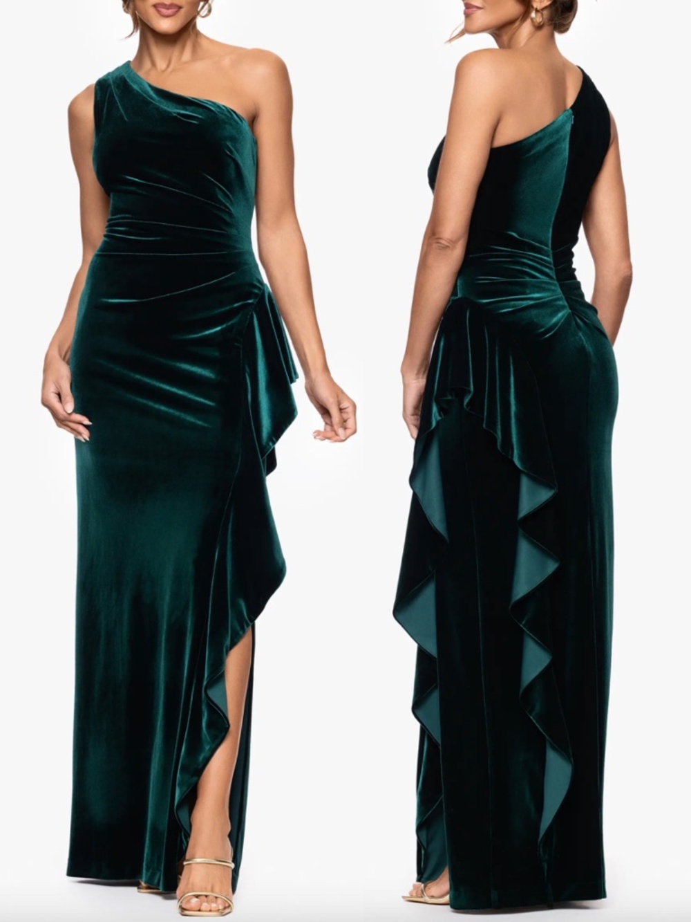NEW XSCAPE Hunter Green ONE SHOULDER Ruched RUFFLE SIDE Stretch VELVET GOWN 6 - Picture 2 of 12